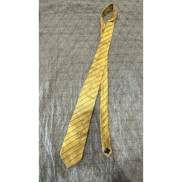 Vintage T. Harris London Yellow & Blue Geometric Silk Tie 60s/70s Style - Picture 1 of 3